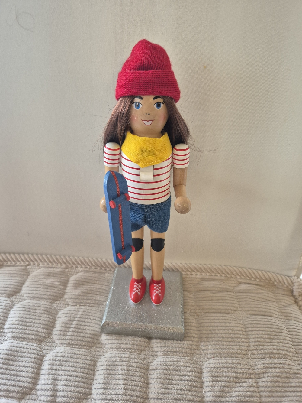 Handpainted Wooden Skateboarder Nutcracker - Red Hat, Yellow Scarf